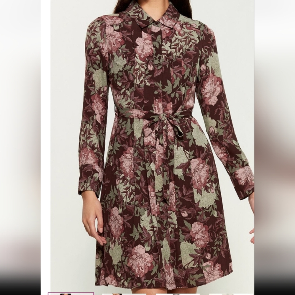 Nanette Lepore Brown And Pink Tie Front Button down Long Sleeve Dress - XL